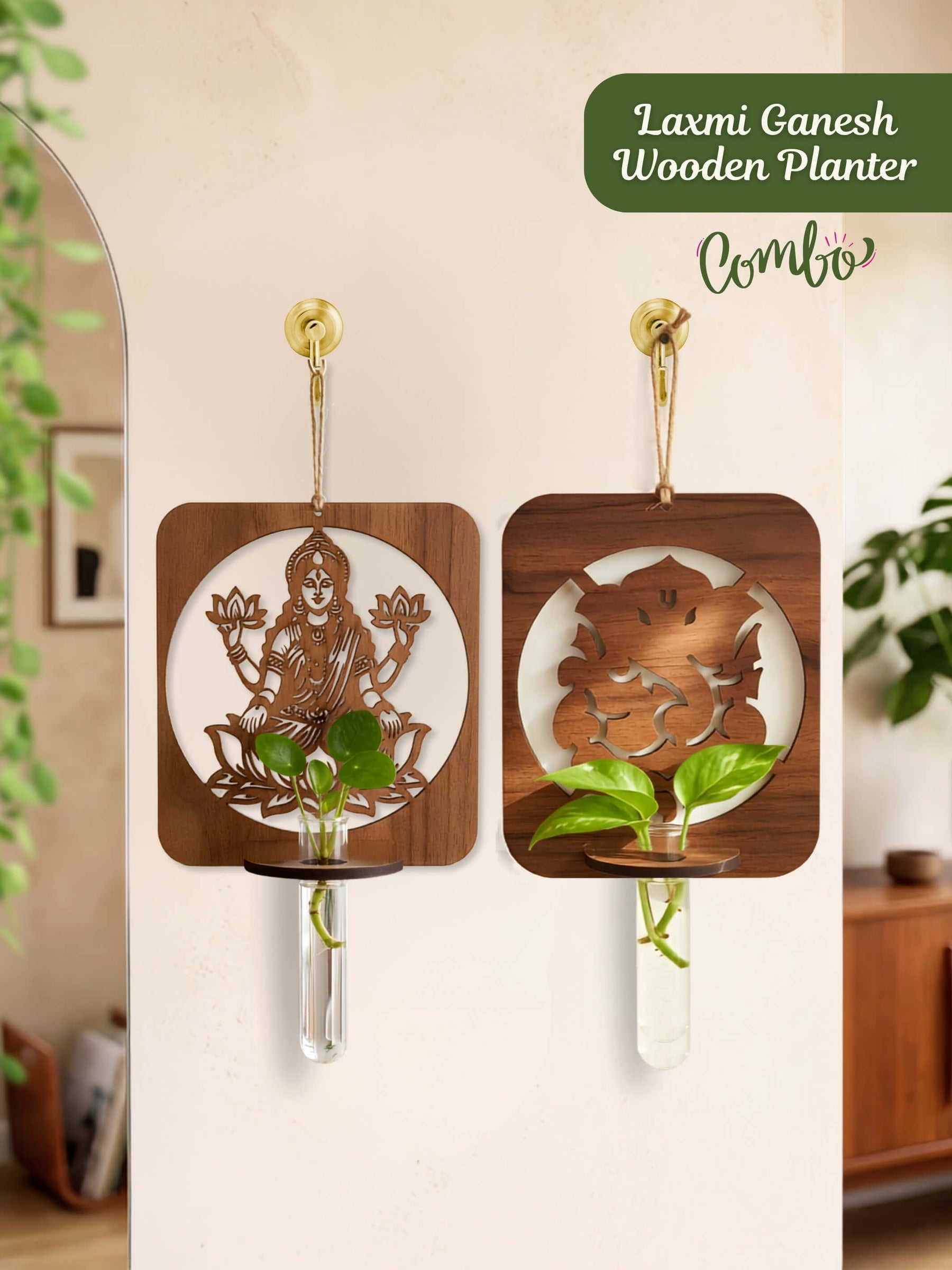 Laxmi Ganesh Wooden Test Tube Planters - Set of 2