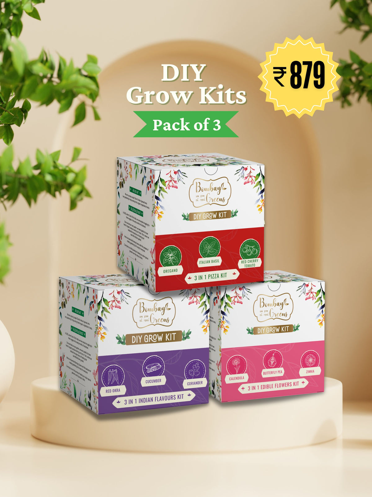 Grow Kits - Edible Flowers, Pizza & Indian Flavours (Pack of 3)