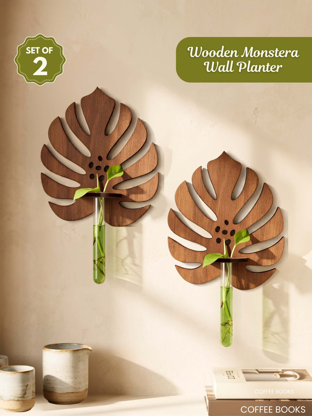 Wooden Monstera Wall Planter - 2 pcs