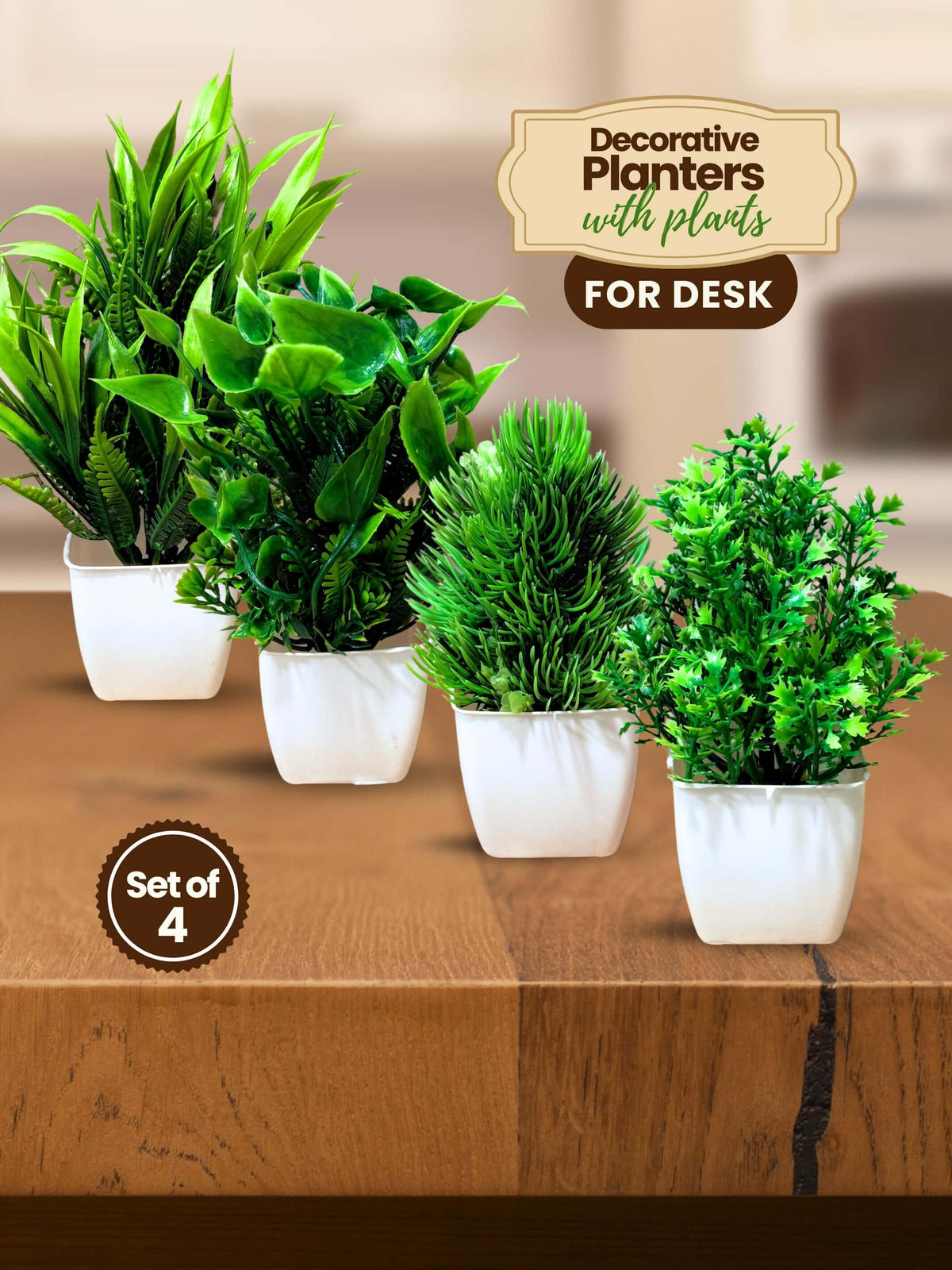 Mini Planters & Pots with Artificial Plants for Desk (Set of 4)