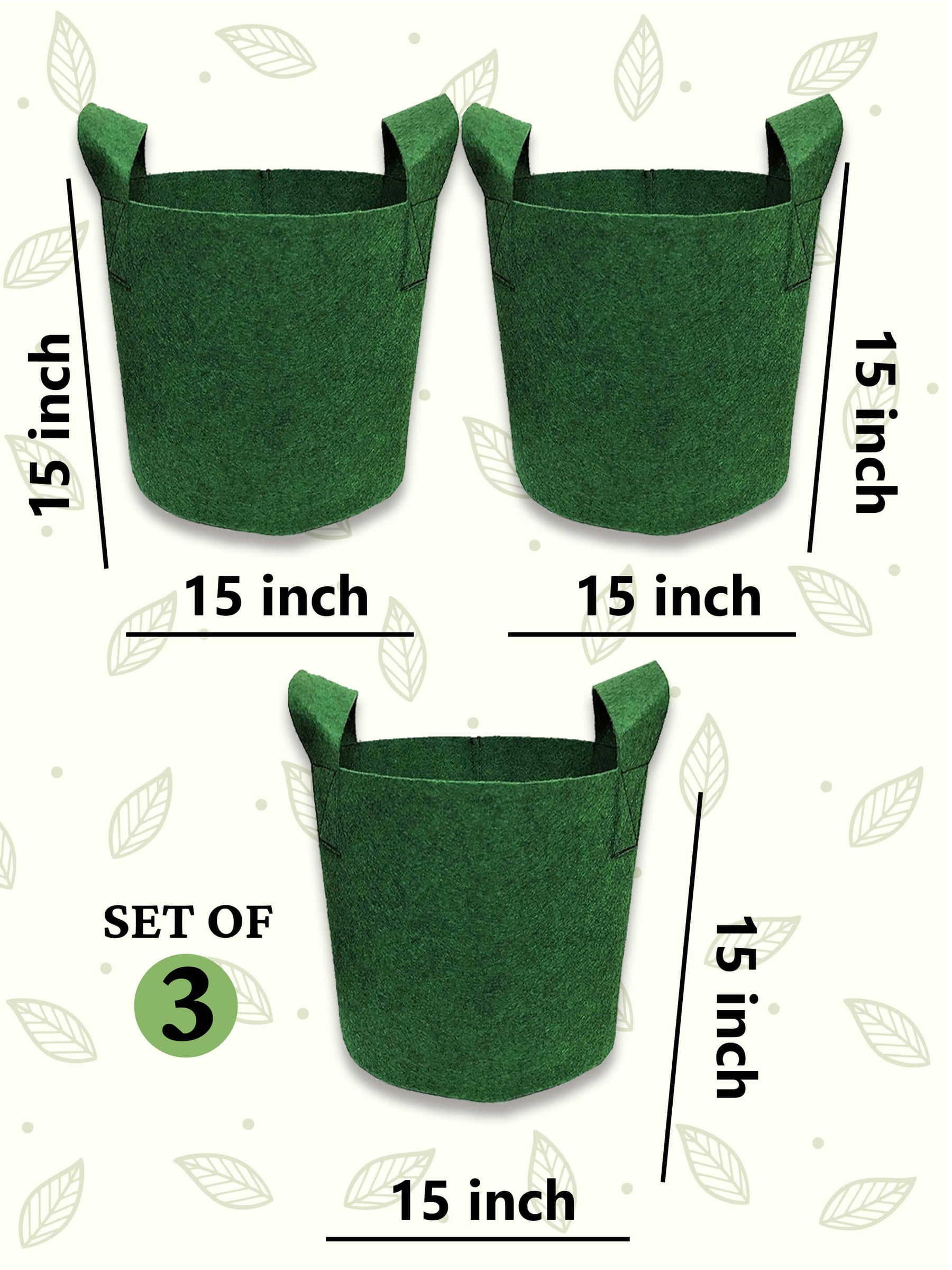 Geo Fabric Grow Bags 400 GSM - (Set of 3) - 15x15 inches